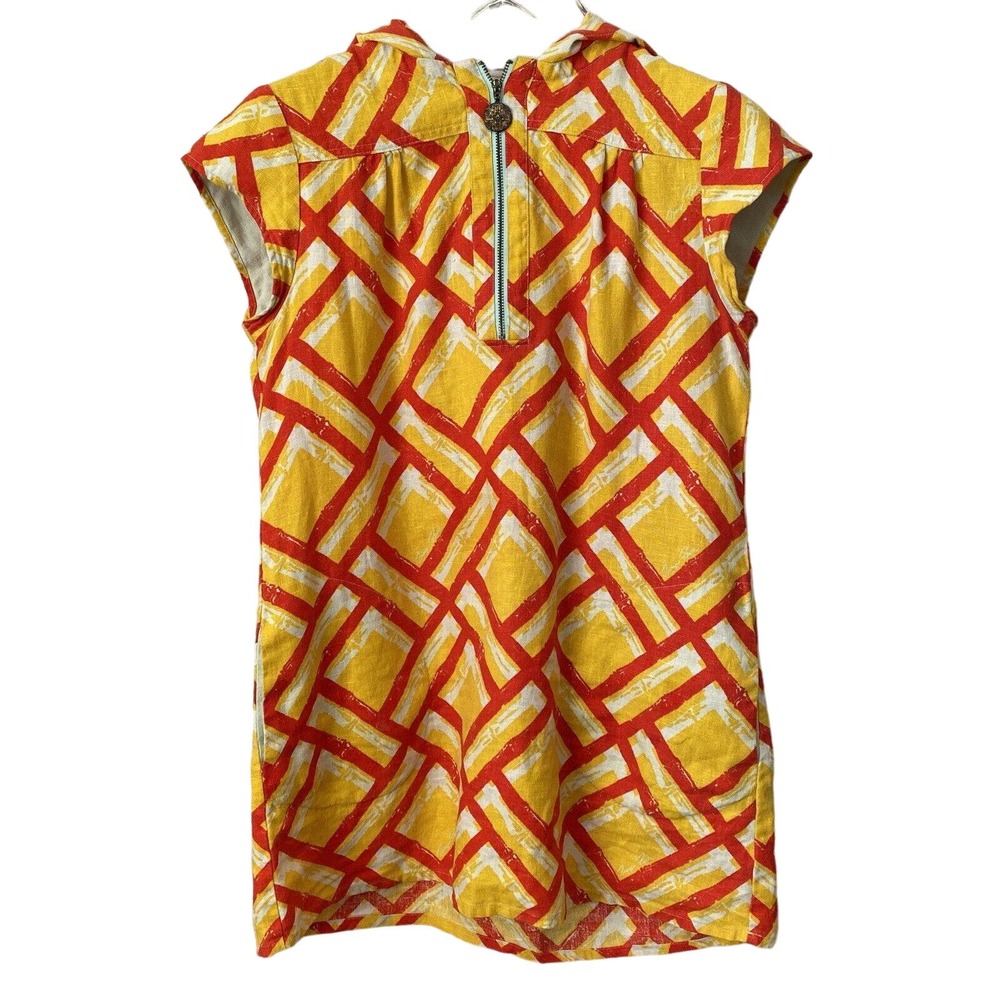 🌵 Tracy Feith Orange & Yellow Retro Print Cap Sleeve Hooded Linen Dress - Small